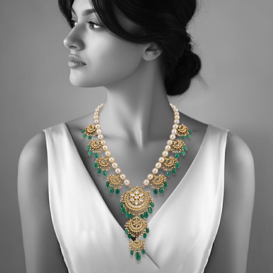 Pearl Chandbali Necklace with Emerald Drops